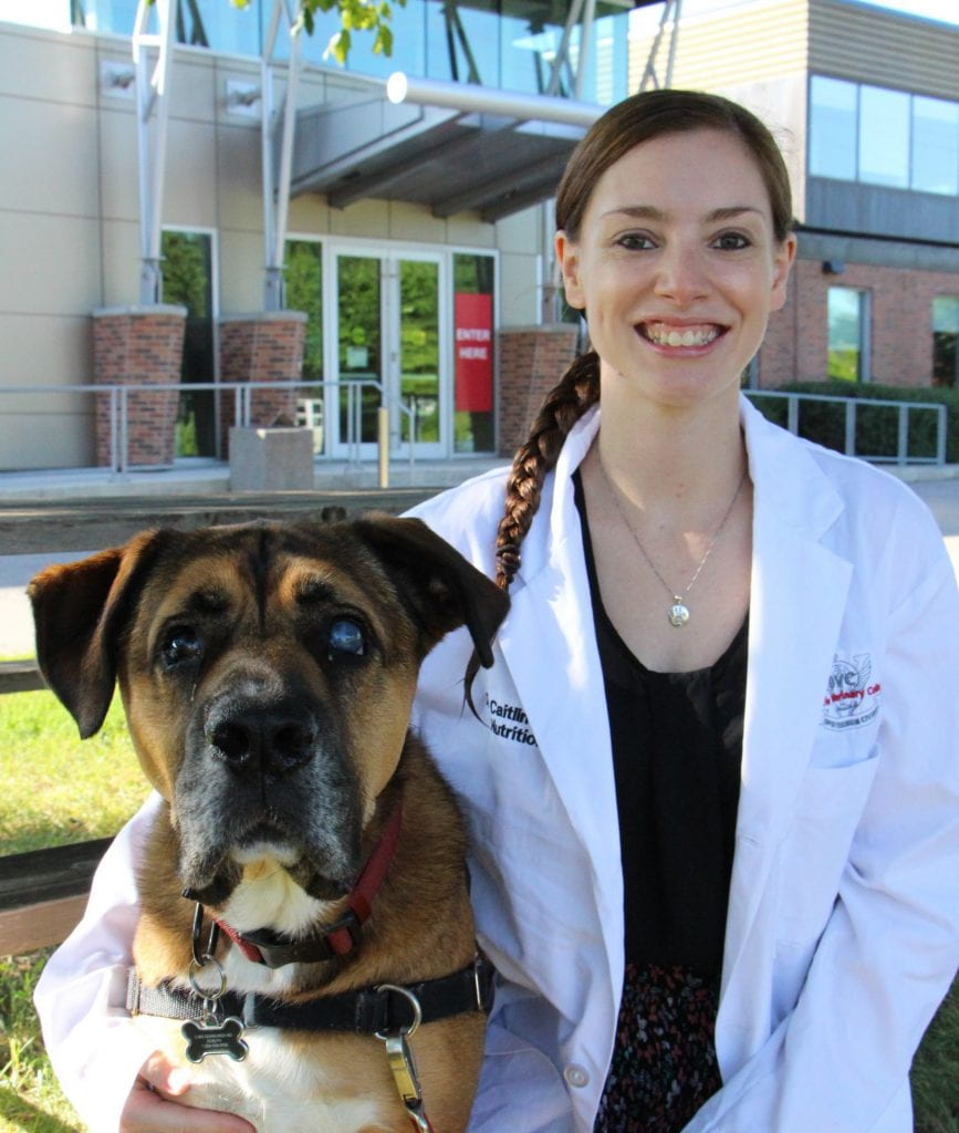 Dr. Caitlyn Grant in scrubs and a white lab coat holding a large dog in front of the OVC