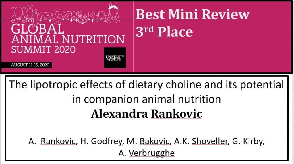 Global Animal Nutrition Summit 2020 Best Mini Review 3rd Place. The lipotropic effects of dietary choline and its potential in companion animal nutrition by Alexandra Rankovic. Also listed are the names A. Rankovic, H. Godfrey, M. Bakovic, A.K. Shoveller, G. Kirby and A. Verbrugghe. 