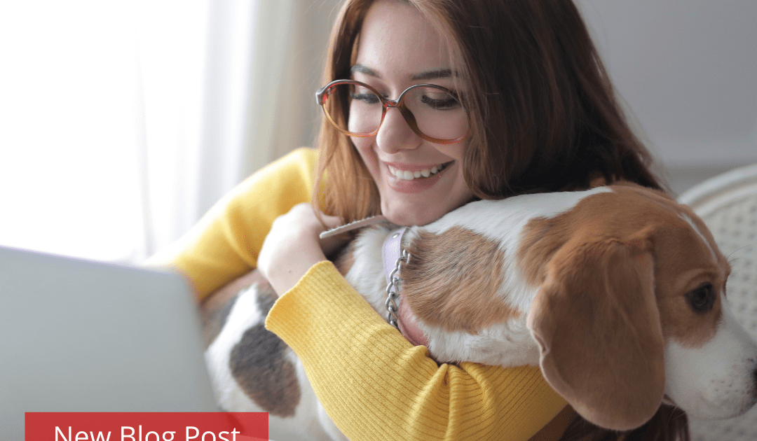 A woman sitting at her laptop while holding her pet dog.