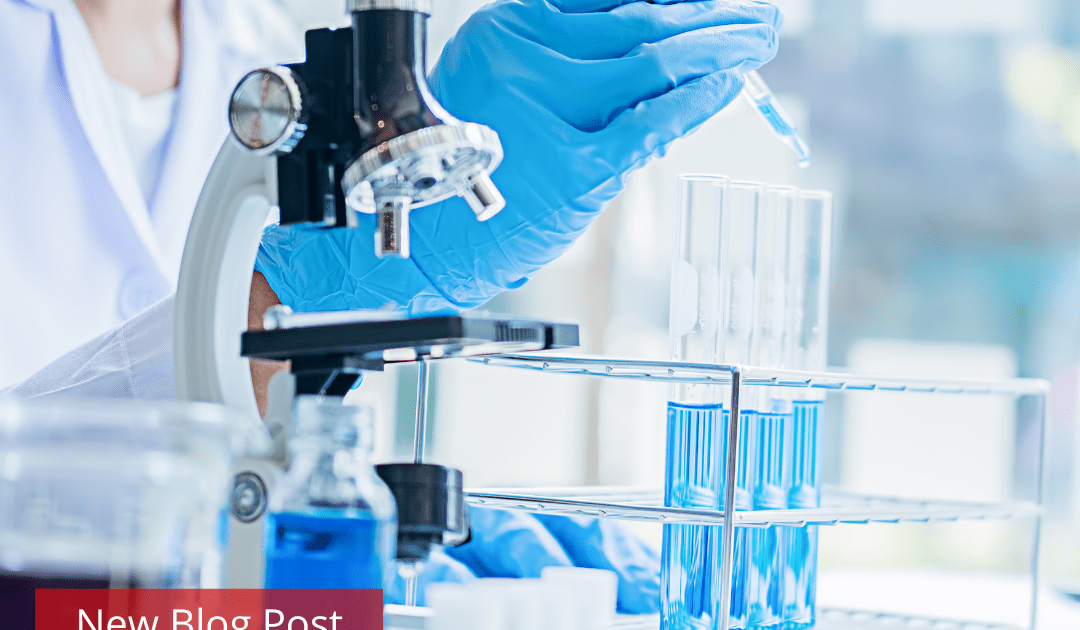 Someone wearing blue gloves sits at a lab bench putting samples under a microscope.
