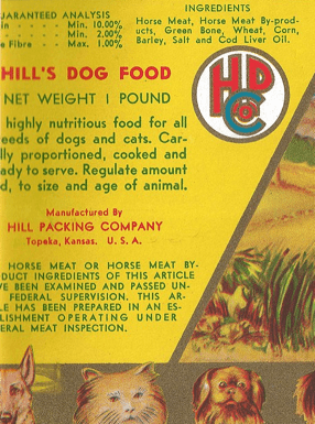 A yellow, vintage Hill's dog food label. 