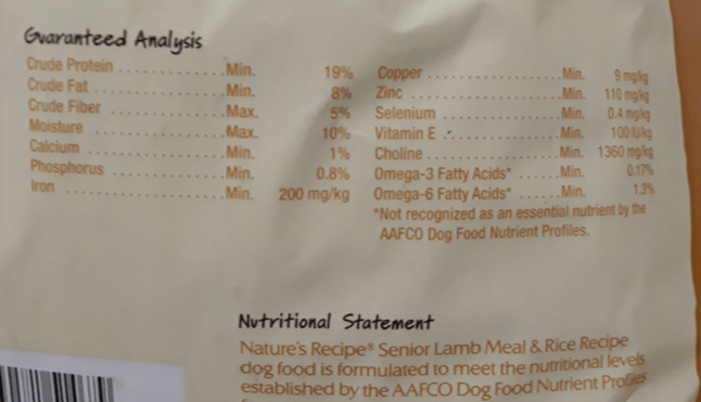 A bag of food showing the guaranteed analysis and nutritional statement. 